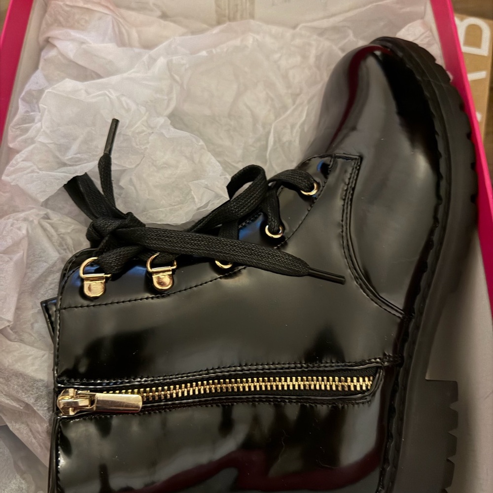 Shoe Dazzle Black Ankle Boots with Gold Accents